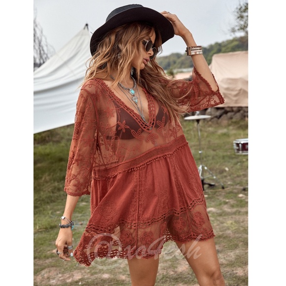 Burnt Orange Lace Coverup Dress Tunic Bohemian Short - Picture 3 of 10